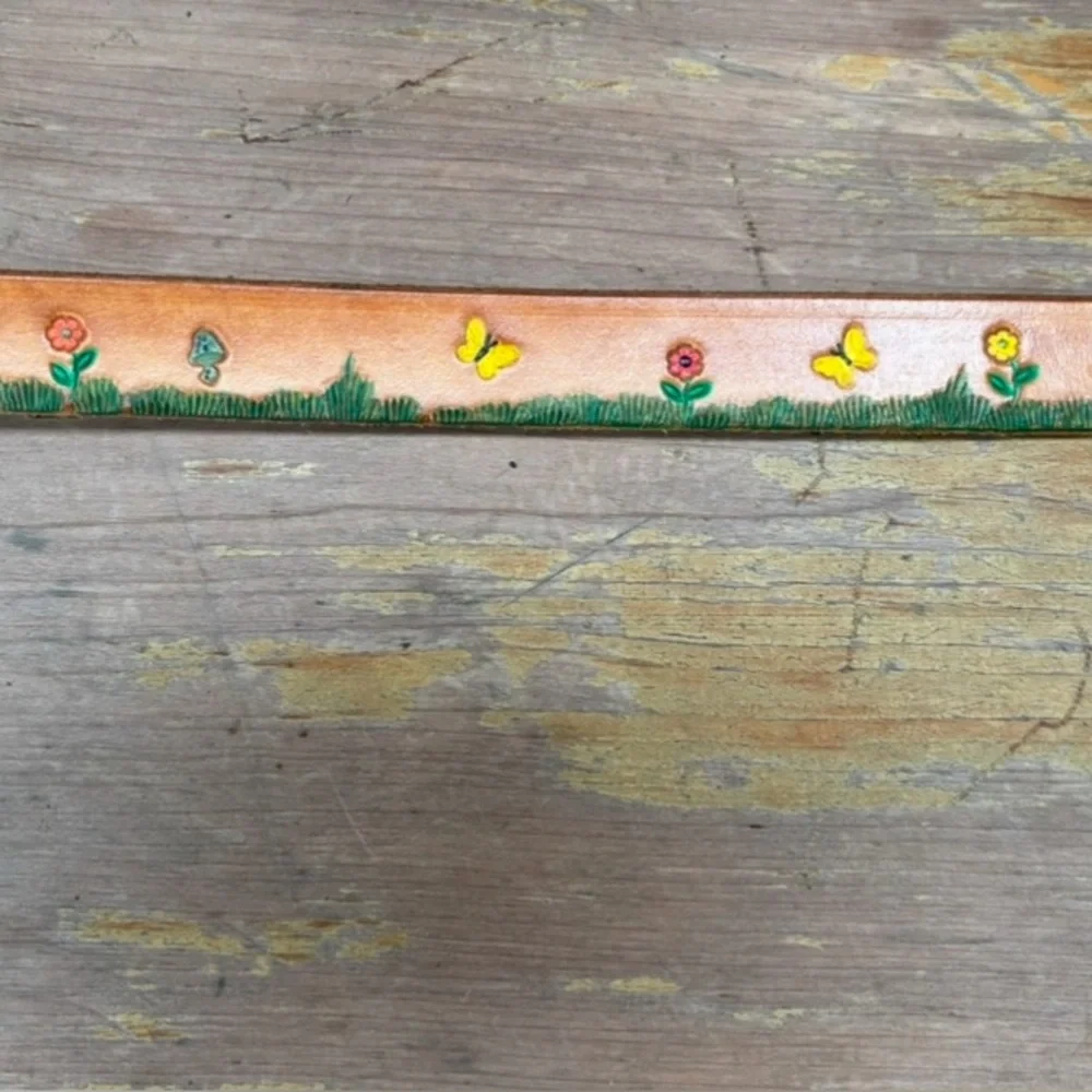 Hand Tooled & Painted Leather Belt Flower Bunny Deer Butterfly Ladybug Mushroom